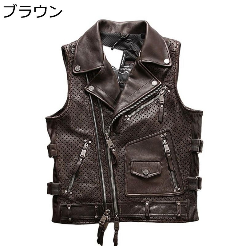 本革 レザーベスト メンズ 袖なし ライダースベスト 牛革 バイクチョッキ 春秋用 革ジャン スリム 前開き コート メッシュ 透かし彫り お洒落 軽量 バイク用 カメラマン ファッション アウター