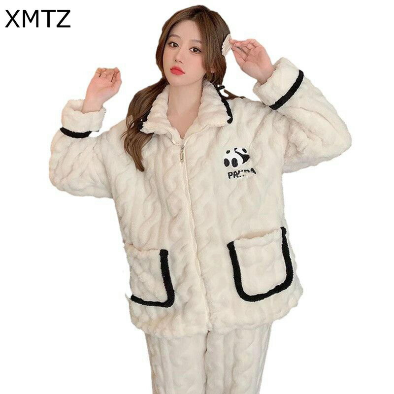 ルームウェア レディース 冬 パンダ 前開き 上下セット ふわふわ パジャマ ポケット付き 長袖 快適 冷え対策 着痩せ カジュアル 肌触り良い トップ + パンツ 入院用 眠る 普段着 介護用