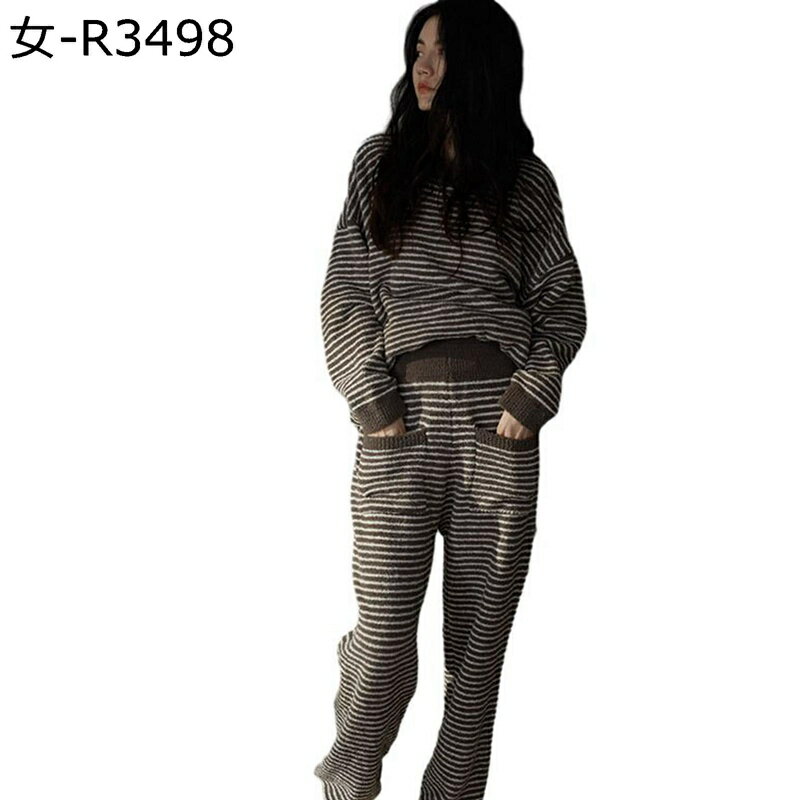 ルームウェア レディース 冬 ストライプ ルーズ ポケット付き 上下セット ふわふわ パジャマ 防寒 暖かい 長袖 快適 着痩せ おしゃれ 肌触り良い トップ パンツ 入院用 眠る 普段着 介護用