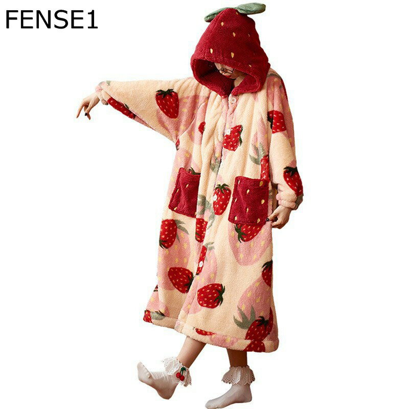 ルームウェア レディース 冬 コーラル フード付き ガウン イチゴ ルーズ ふわふわ パジャマ 長袖 快適 防寒 ピンク 暖かい 着痩せ おしゃれ 肌に優しい プレゼント 普段着