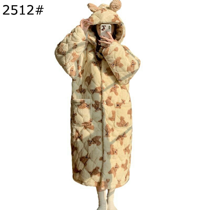 バスローブ ルームウェア レディース クマ 三層綿入り フード付き 吸水 軽量 ドレッシングガウン かわ..