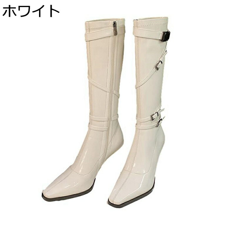 膝高 ロングブーツ レディース ジョッキーブーツ エナメル ポインテッドトゥ 8cmアップ サイドジップ ..