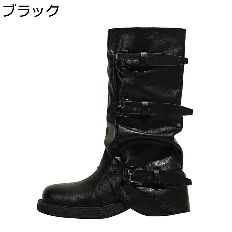 ロングブーツ レディース 膝丈 高筒 ウェスタンブーツ 厚底 くしゅくしゅ ゆったり筒周り 安定感 秋冬 ..