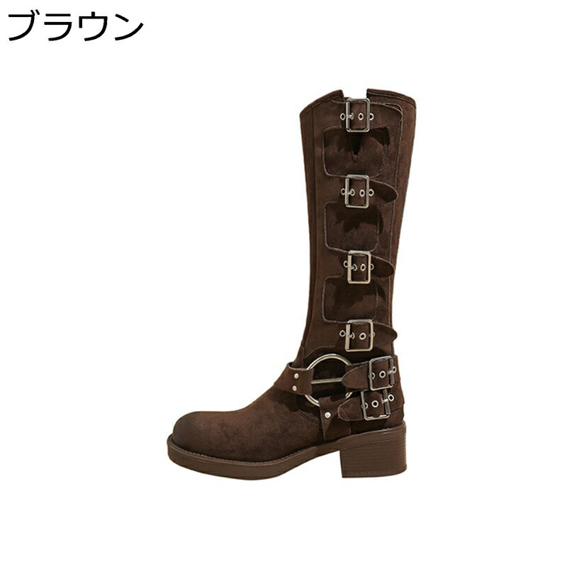 ロングブーツ 高筒 スエード 厚底 レディース ジョッキーブーツ 足細 バックル付き 焦がし 安定感 履きやすい 柔らかい 幅広 定番 クラシック 秋冬 滑り止め ストリート コスプレ ゴスロリ キャラ