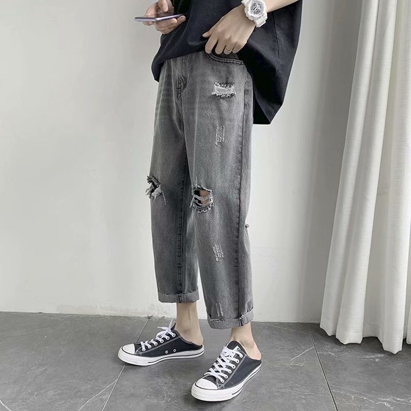 メンズ 9分丈 デニムパンツ ジーンズ ストレートパンツ ダメージ加工 立体裁断 薄手 ゆったり おしゃれ カジュアル ファスナー付き ウォッシュ加工 春 ポケット付き 通気性 通学 部屋着 旅行