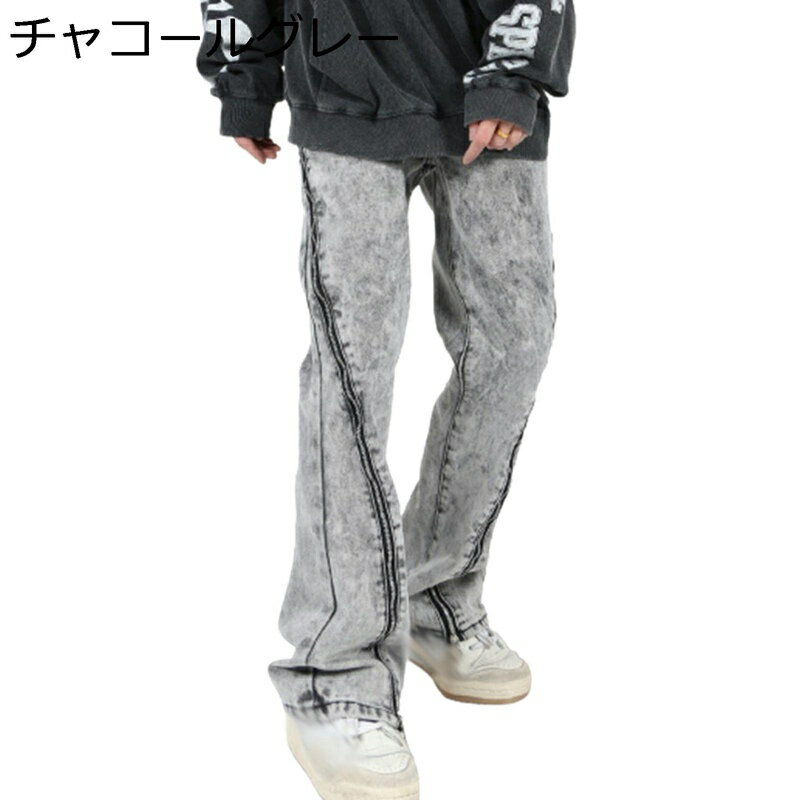 デニムパンツ ヒップホップ ジーンズ メンズ ストリート系 ダメージ加工 伸縮性 薄手 耐摩耗 ビッグシルエット ファスナー付き おしゃ..