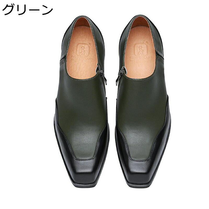 本革 ローファー レザー モカシン メンズ ミドルヒール4cm スリップオン スクエアトゥ パッチワーク ファスナー ローカット 春 夏 秋 日常 きれいめ 耐摩耗 リラックス 履き心地よい