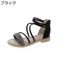 レディース ファッションサンダル ローマ風 バックジッパー ラインストーン ストラップ ビーサン 夏靴 カジュアルシューズ 美脚 便利 簡潔 女子力 細見え 痛...
