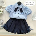 韓国子供服 女の子 セットアップ 夏服 キッズ 上下セット 子供服 飛袖シャツ+ショートパンツ 2点セット キッズ セットアップ ブルー ピンク おしゃれ かわいい ストライプ柄 袖フリル 青シャツ ショーツ 旅行 お出かけ 通園 通学 夏着 90 100 110 120 130 140 150
