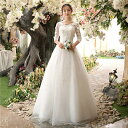 ウェディングドレス Vネック 袖あり レース 白 シンプル 結婚式 ブライダル 前撮り フォトウェディング撮影 花嫁ドレス 海外挙式 ロングドレス 背中編み上げ きれいめ パーティードレス 二次会 披露宴 ワンピース エレガント お呼ばれ お洒落 新作 韓国風