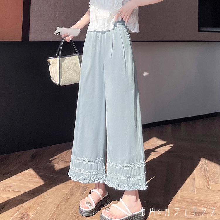 ワイドパンツ 4色 フレア Aライン ガウチョ ボトム ロング マキシ フリル 薄手生地 かわいい 大人可愛い 大人女子 綺麗 シンプル カジュアル 大人 上品 おしゃれ お洒落 こなれ感 ラフ コンサバ 着痩せ レディライク 無地 夏 30代 40代 レディース 女性用 デート お出かけ