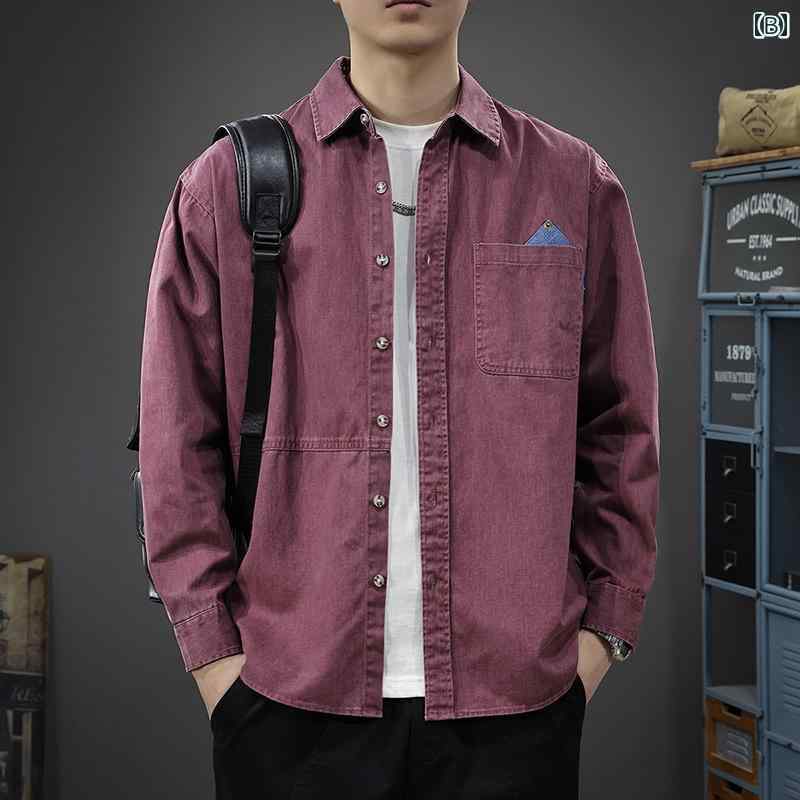 メンズ ファッション 春夏 秋冬 かっこいい オシャレ モテ 男性用 紳士服 服 韓国 シンプル 大人 コントラスト カラーステッチ ポケット 長袖 シャツ レトロ ウォッシュ カジュアル ジャケット シャツ