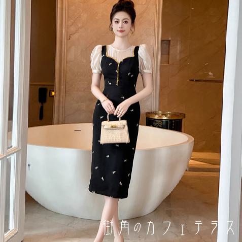 ロングドレス ペンシル Iライン プルオーバー 半袖 Uネック 異素材切り替え ドッキング 透け感 薄手生地 エレガント 可愛い 大人可愛い きれいめ シンプル カジュアル シック コンサバ 華やか 大人 上品 おしゃれ お洒落 レトロ 主役級 こなれ感 高見え 高級感 フェミニン