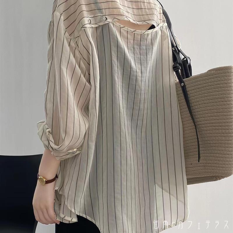 レディース アウター シャツ 羽織り 紫外線対策 クーラー対策 日よけ シアー感 こなれ感 ストライプ シ..