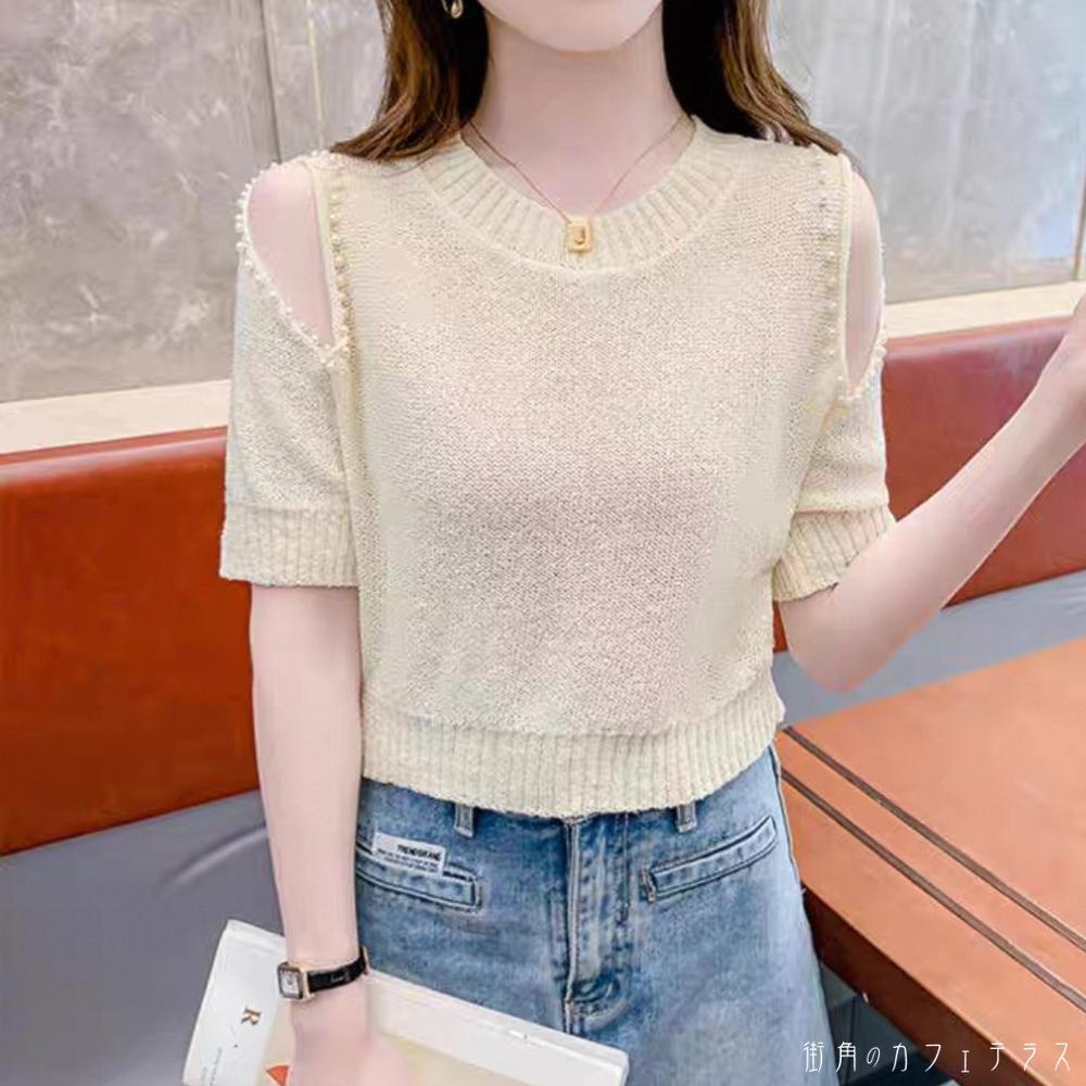 サマーセーター 3色 トップス 半袖 Uネック Aライン フレア プルオーバー パール装飾 ニット 無地 かわ..