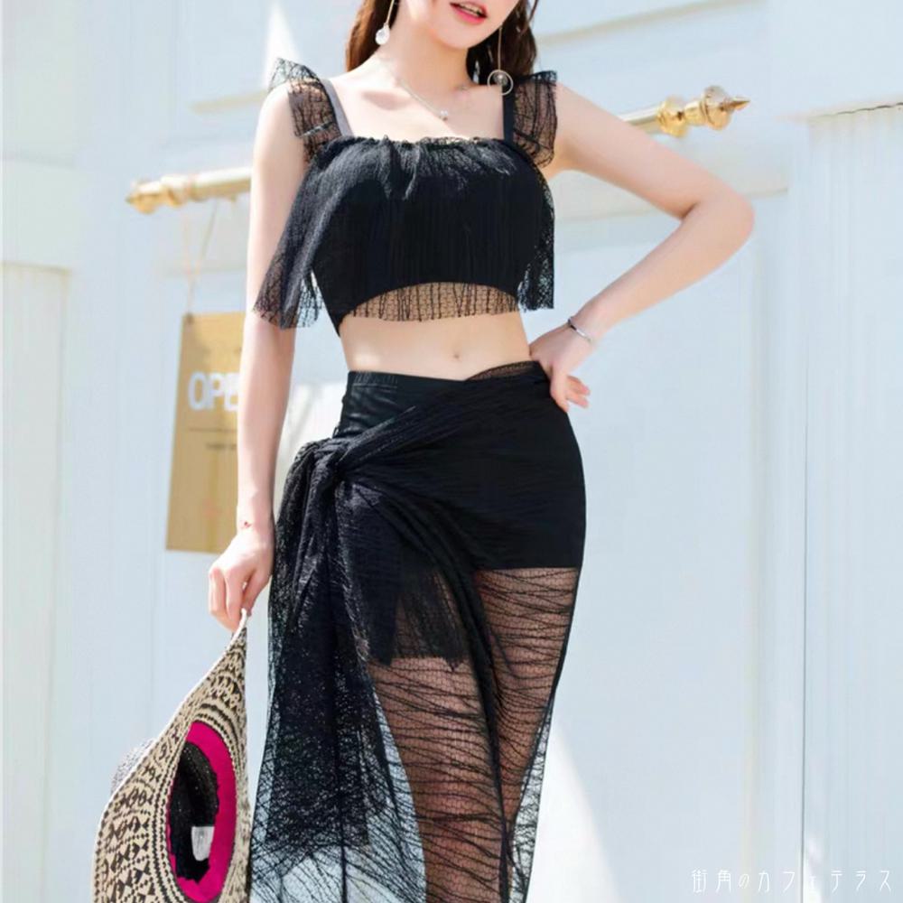 ビキニ 5色 水着 パンツ パレオ 腰巻 スイムウェア タンキニ 日焼け防止 UVカット 紫外線対策 セット 3点 Aライン フレア フリル 透け感 シースルー かわいい 大人可愛い きれいめ シンプル カジュアル 華やか 大人 大人っぽい おしゃれ 主役級 女っぽ フェミニン ガーリー