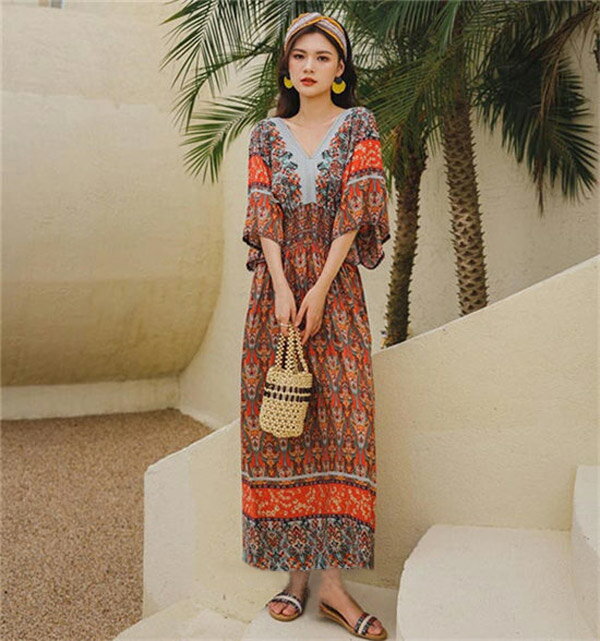 リゾートワンピース 花柄 夏ワンピ リゾートワンピ 半袖 Vネック 可愛い ゆったり ロング丈 ワンピース 着痩せ体型カバー 上品 ボヘミア風 ワンピ 旅行 海 海辺 バカンス デート お出かけ 赤 c0t2