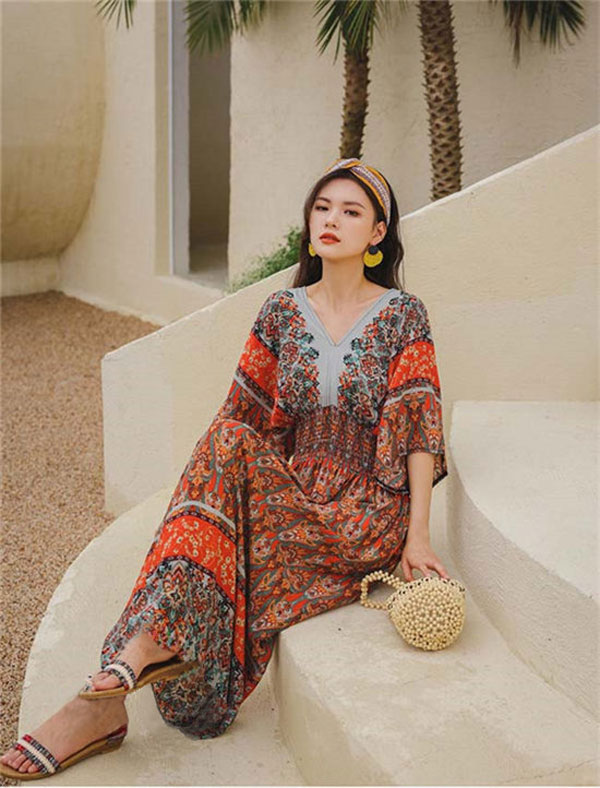 リゾートワンピース 花柄 夏ワンピ リゾートワンピ 半袖 Vネック 可愛い ゆったり ロング丈 ワンピース 着痩せ体型カバー 上品 ボヘミア風 ワンピ 旅行 海 海辺 バカンス デート お出かけ 赤 c0t2