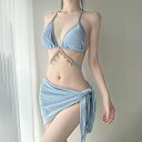 水着 ビキニ レディース セクシー キラキラ ホルターネック 女性用 大人 夏 セパレート 韓国風 きれいめ 海水浴 温泉 ビーチ 大人 おしゃれ オトナ女子 バスト 盛れる 3点セット スカート付き 三角ビキニ ブルー