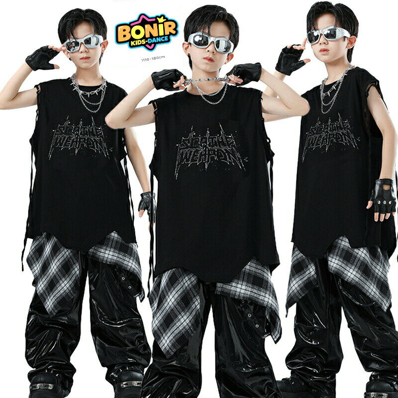 キッズ ダンス コーディネート ノンスリーブ 黒タンクトップ パンク風 リボン 黒レザー パンツセット ユニセックス ヒップホップ ダンスウェア ブラック ゴシック 子供用 ストリート クール系 ファッション 個性派 ジュニア 発表会 チーム衣装 110～180cm