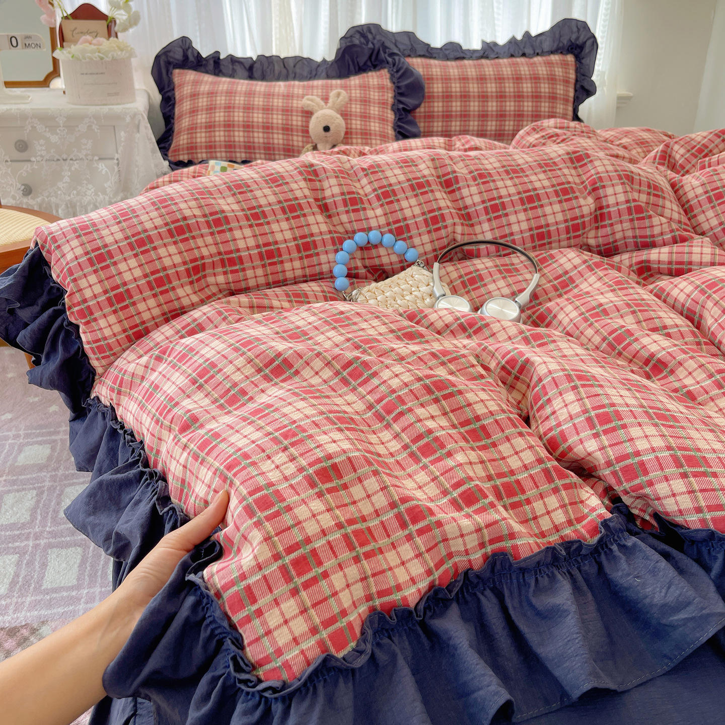 布団カバーセット シングル チェック 3点セット韓国風 姫系 可愛い 掛け布団カバー 寝具セット フリル ..