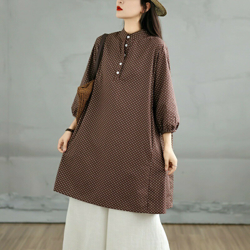 ドット トップス チュニック ロングシャツ レディース 七分袖 シャツワンピース チュニックシャツ ブラウス 春夏 ビッグシルエット きれいめ 花柄 体型カバー ミドル丈 通勤 テールライン ロング 着痩せ 大人カジュアル オーバーサイズ 前開き 薄手 透け感