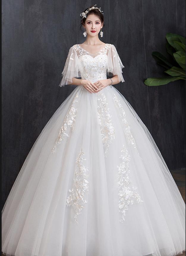 フランス式軽ブライダル花嫁ウェディングドレス結婚式披露宴二次会礼服 パーティードレスワンピースビスチェドレス ロングタイプ お姫様ドレスシンプルエンパイア カジュアル エンパイアドレス 編み上げタイプ 斉地宮廷風白スカート袖あり