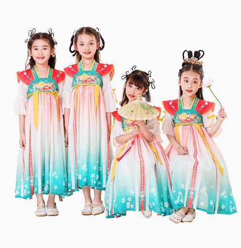 子供 中華ダンス衣装 ロング チャイナドレス 中華服 漢服 飄逸 スリット振り袖 水袖 中国古典舞踊 ダンス 衣装 女の子 練功服 二胡 箏 フルート 古典楽器 吹奏会 演奏会 扇子舞 合唱 中華ドレス 飄逸女漢唐斉胸スカート 桃の花120 130 140 150 160 170