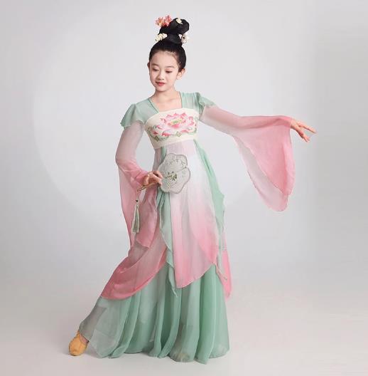 子供中華ダンス衣装 ロング チャイナドレス 中華服 漢服 飄逸ワンピース　ズボン スリット振り袖 水袖 ..