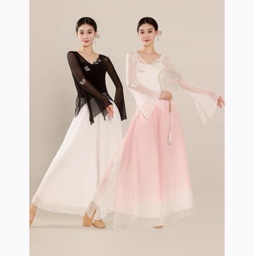 古典舞踊ダンス衣装チャイナ服中華民族ダンスウェア ヨガバレエ衣装 レディース シースルー五分袖 ブラウス スリットトップス ロングチャイナブラウスズボン練習着剣...