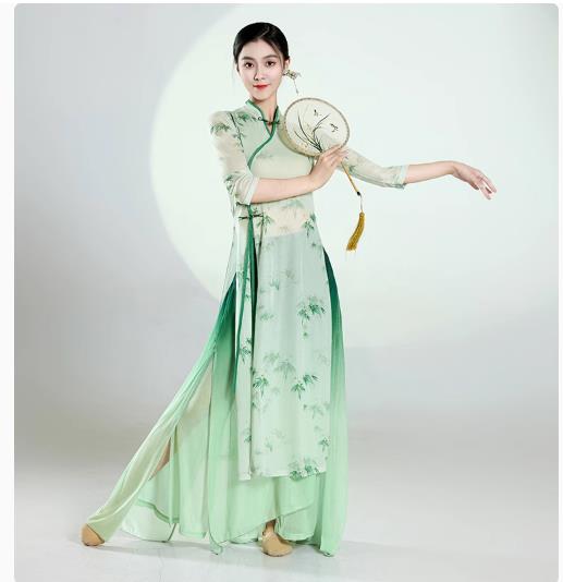 古典舞踊ダンス衣装チャイナ服中華民族ダンスウェア ヨガバレエ衣装 レディース シースルー五分袖 ブラウス スリットトップス ロングチャイナブラウスズボン練習着剣...