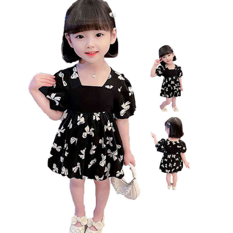 樂天商城 - フリルワンピース ウエストゴム ロングワンピース 半袖 キッズ リボン柄 子供服 送料無料 おしゃれワンピース 子供ワンピース シンプル カジュアル おしゃれ 春夏 おでかけ リボンワンピース