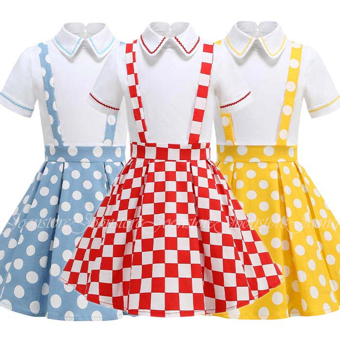 乐天商城 - 子供 ワンピース かわいい ドット柄 チェック柄 ワンピース 50年代 レトロワンピース 水玉 110cm 120 130 140 150cm 可愛い 膝丈 半袖ワンピース 子供服 ダンス衣装 舞台ステージ衣装 団体服 演出服 ダンス発表会 コスプレ衣装 女の子 ドレス かわいい 小学生 通園 通学 旅行