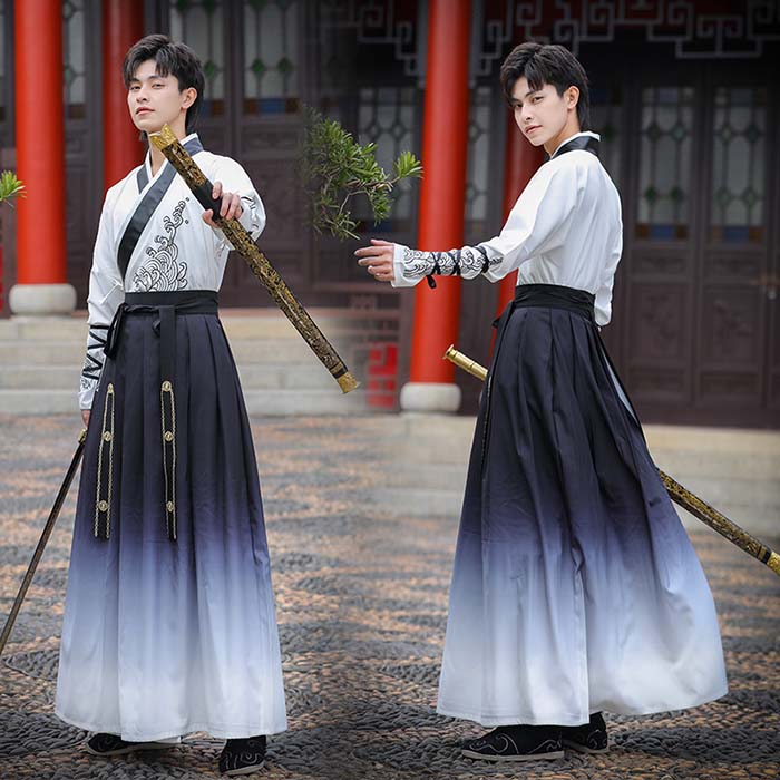 樂天商城 - チャイナ服 男性 上下セット 華流コスプレ衣装 カンフー衣装 メンズ 中国古代伝統漢服 ハロウィン衣装 漢服 大人 鶴 刺繍 中華服 コスチューム 変装 舞台ステージ衣装 長袖 交差襟 トップス 巻きスカート イベント 学園祭 文化祭 時代劇 武術 仮装
