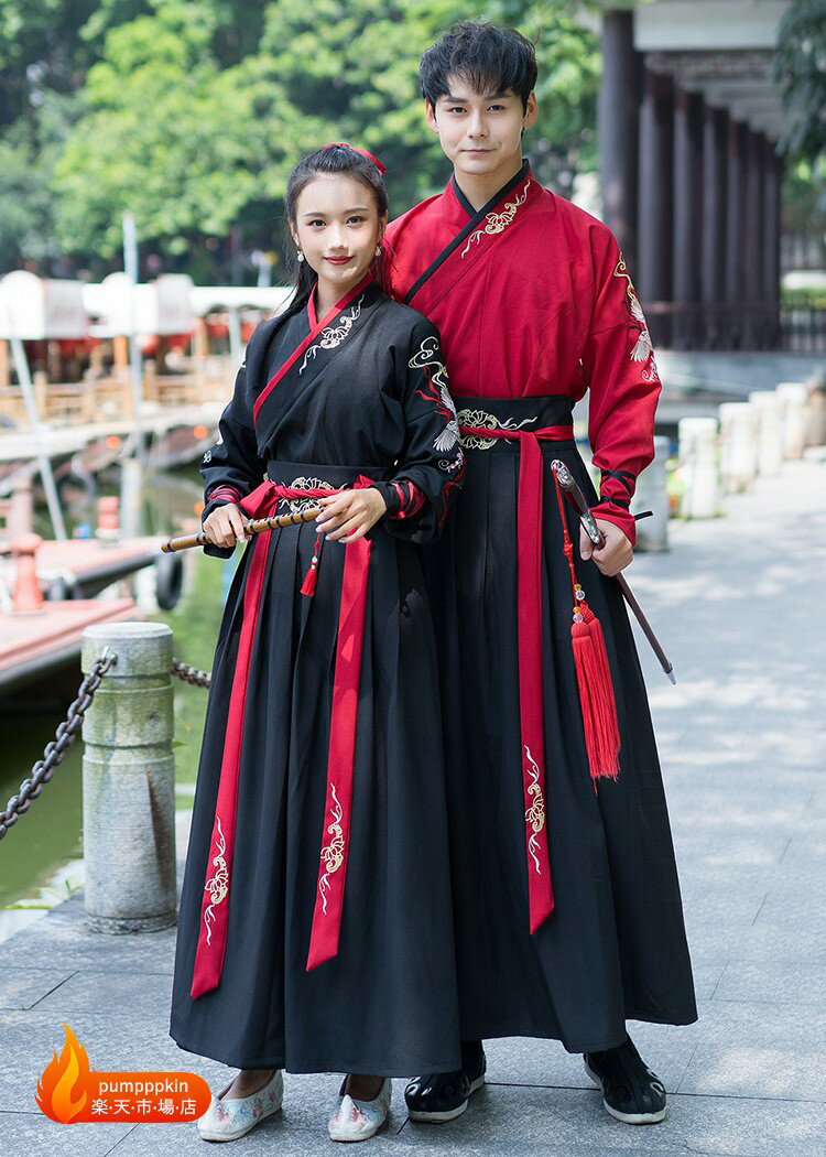 樂天商城 - 漢服 華流 コスプレ衣装 男女兼用 メンズ レディース 中華服 大人用 鶴刺繍 チャイナ服 2点セットアップ 長袖 交差襟 細袖 ブラウス 巻きスカート イベント 学園祭 時代劇 舞台ステージ衣装 中国古代 武術 カンフー コスチューム 仮装 黒 赤 S M L XL 2XL 3XL 4XL