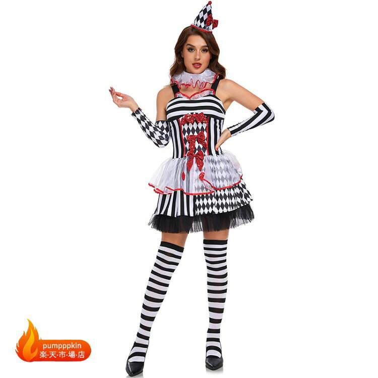 Clown - ピエロ 衣装 ハロウィン仮装 大人 道化師 仮装 コスプレ衣装 レディース 上下4点セット ワンピース 髪飾り 首飾り 袖カバー ニーハイソックス かつら ウィッグ 可愛い 女性 面白い 衣装 ハロウィンコスプレ 仮装 サーカス 演出服 舞台服 cos ハロウィン衣装 黒 白 フリー
