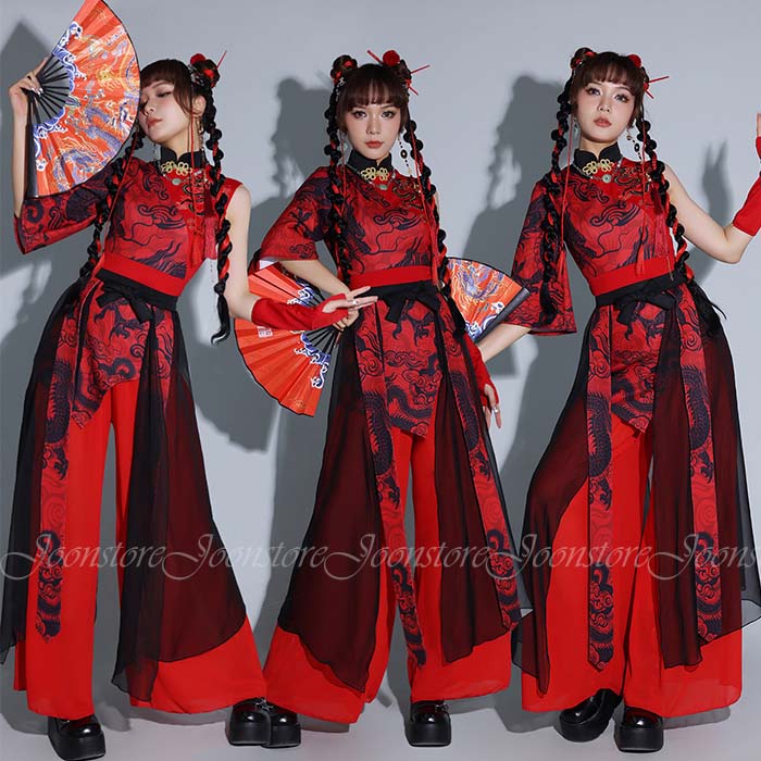樂天商城 - ダンス衣装 セットアップ レディース 大人 チャイナ風 龍柄 ジャズダンス ヒップホップ ダンス衣装 舞台 ステージ衣装 社交ダンス衣装 ヒップホップ ダンスウェア 中華風 舞台服 団体服 jazz k-pop DSダンス 練習着 団体 ダンスウェア S M L XL 送料無料
