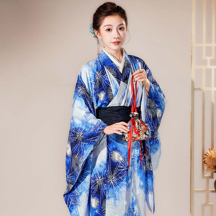 Navy - 花魁風 着物 ドレス 着物風ワンピース ロング丈 仮装 和装 ハロウィン コスプレ 衣装 和風 女性用 レディース 余興 パーティー イベント コスチューム 振袖 和服 和装 かわいい ロング着物ドレス 着物コスプレ衣装 花魁 浴衣 帯 和装 和服 撮影 女性 夏祭り 花火大会