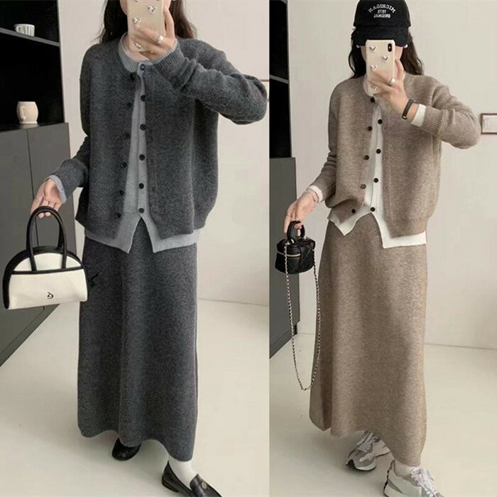 樂天商城 - ニットセットアップ ニットカーディガン セットアップ レディース レイヤード スカート 秋冬 きれいめ タイトスカート ロングスカート リブニット ニットセーター トップス ボトムス カジュアル きれいめ 上品 着痩せ グレー 秋 冬 春