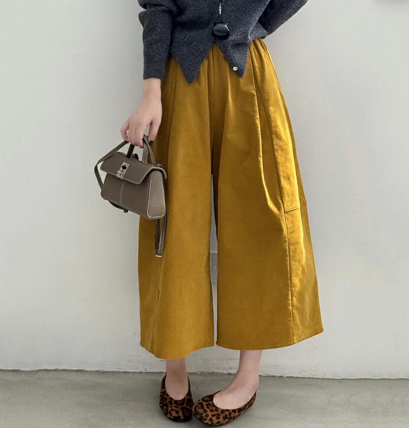 Cropped Pants - バルーンパンツ レディース 秋冬 コーデュロイ ワイドパンツ バギーパンツ 綿 ナチュラル イージーパンツ ウエストゴム パンツ 長ズボン ボトムス 無地 暖かい 秋冬 大きいサイズ ゆったり 体型カバー 大人 カジュアル オフィス OL 春 秋 冬 送料無料