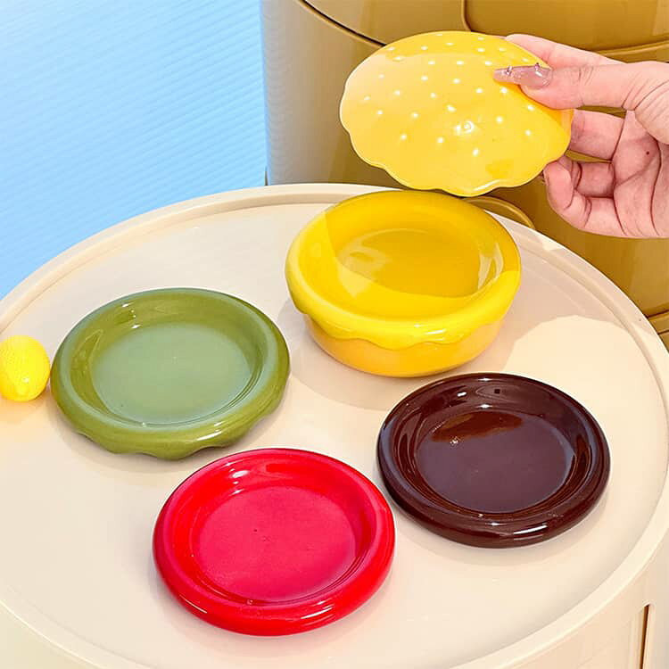 小鉢セット ハンバーガー型 小皿 可愛い 小皿 セット 小皿 ストッキング収納OK セラミック食器 カラフル 前菜プレート 省スペース 卓上 インテリア 陶器 醤油皿 ハンバーグセラミック食器 積み重ね可能 多機能 おしゃれ 3