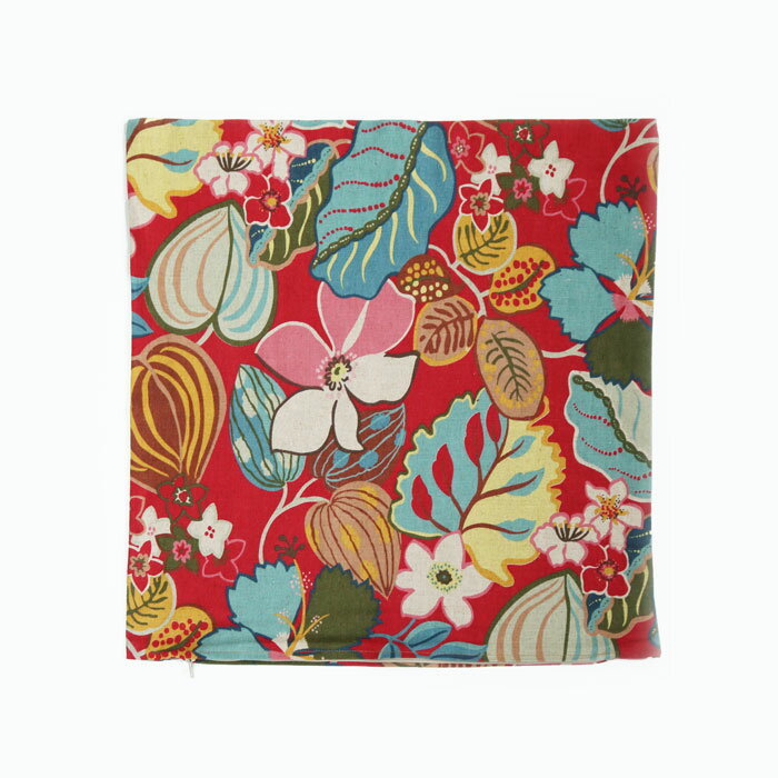 【クーポン最大500円OFF！】花柄リネンクッションカバー レッド