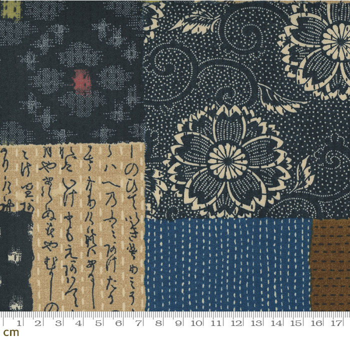 Yukata-48072-13(2D-01)(2C-02) ブルー ブラック モチーフ柄 和柄 花柄 植物柄 コットン100% シーチング