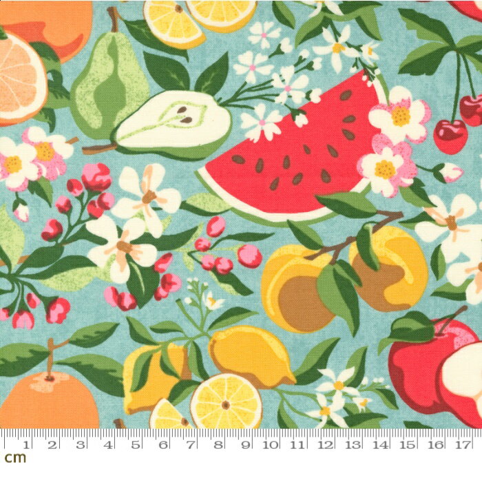 【クーポン最大500円OFF！】Fruit Loop-30730-16(3F-15) ブルー系 フルーツ柄 りんご レモン スイカ コットン100% シーチング【10cm単位販売】