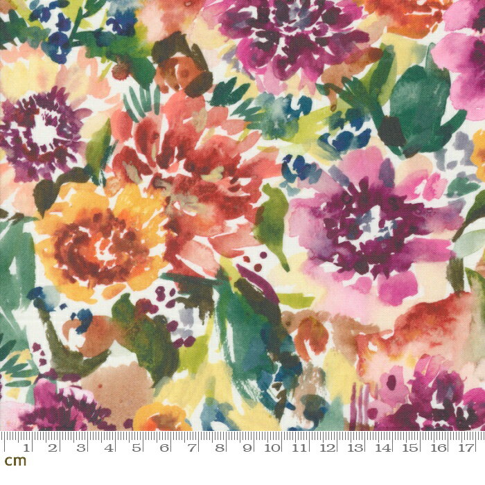 Rakuten - 【Moda モダ】Floribunda-39803-11(3B-07) パープル系 カラフル ボタニカル 花柄 植物柄 水彩画 デジタル コットン100%シーチング【10cm単位販売】