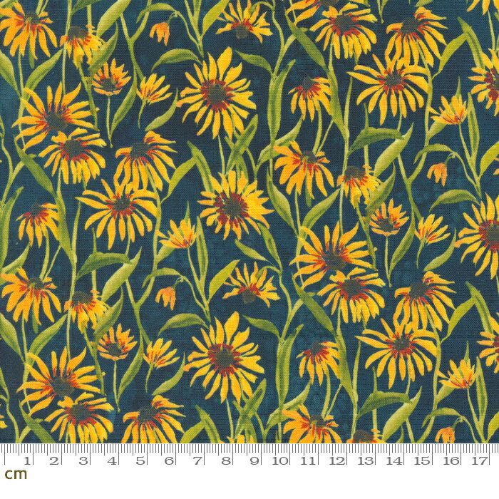 樂天商城 - 【Moda モダ】Floribunda-39805-12(3B-07) ブルー系 イエロー系 花柄 ひまわり 向日葵 水彩画 デジタル コットン100%シーチング【10cm単位販売】