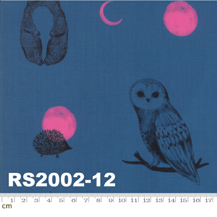 【ruby star】Crescent-RS2002-12(2D-05) ブルー系 ネイビー 動物 フクロウ ハリネズミ クマ ウサギ 馬 満月 三日月 ルビースター コットン100% シーチング 110cm幅【10cm単位販売】