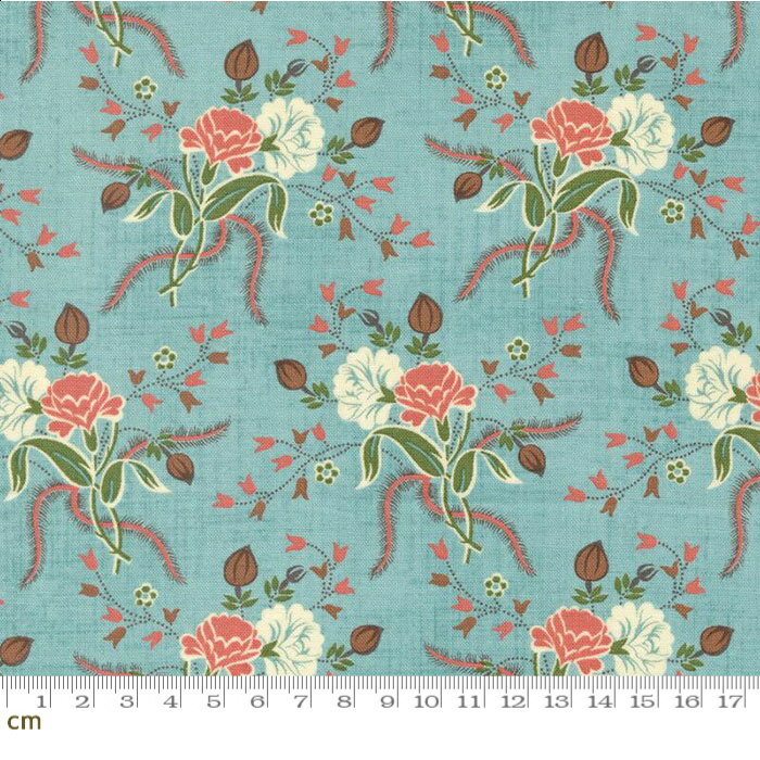 【Moda モダ】Dinahs Delight-31670-16(2E-07) スカイブルー 花柄 植物柄 リーフ柄 アンティーク ナチュラル コットン100％ シーチング【10cm単位販売】