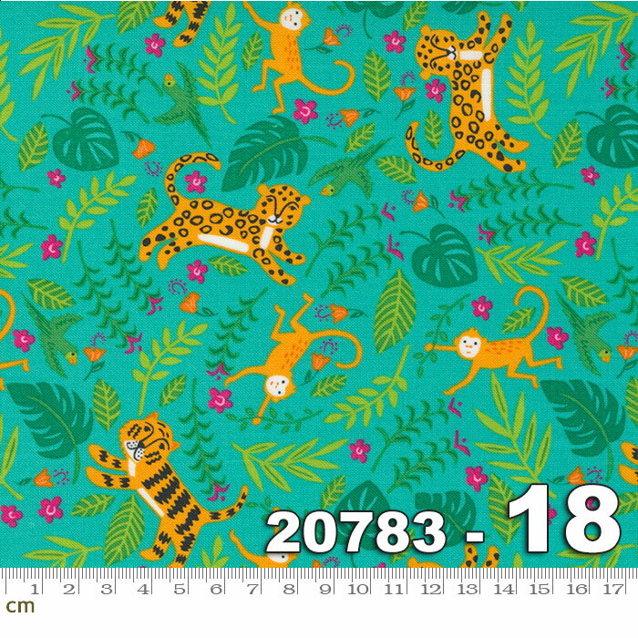 【クーポン最大500円OFF！】Jungle Paradise-20783-18(3F-01) グリーン系 オレンジ系 ピンク系 マゼンタ 植物柄 動物柄 コットン100% シーチング 【10cm単位販売】