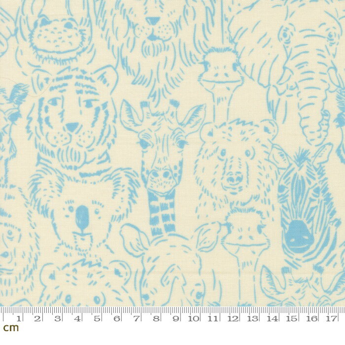 Rakuten - 【Moda-k モダ】Animal Park Fun-20962-11(3A-05) 動物柄 動物園 顔 イラスト ブルー系 かわいい シーチング 110cm幅 パッチワーク ハンドメイド【10cm単位販売】